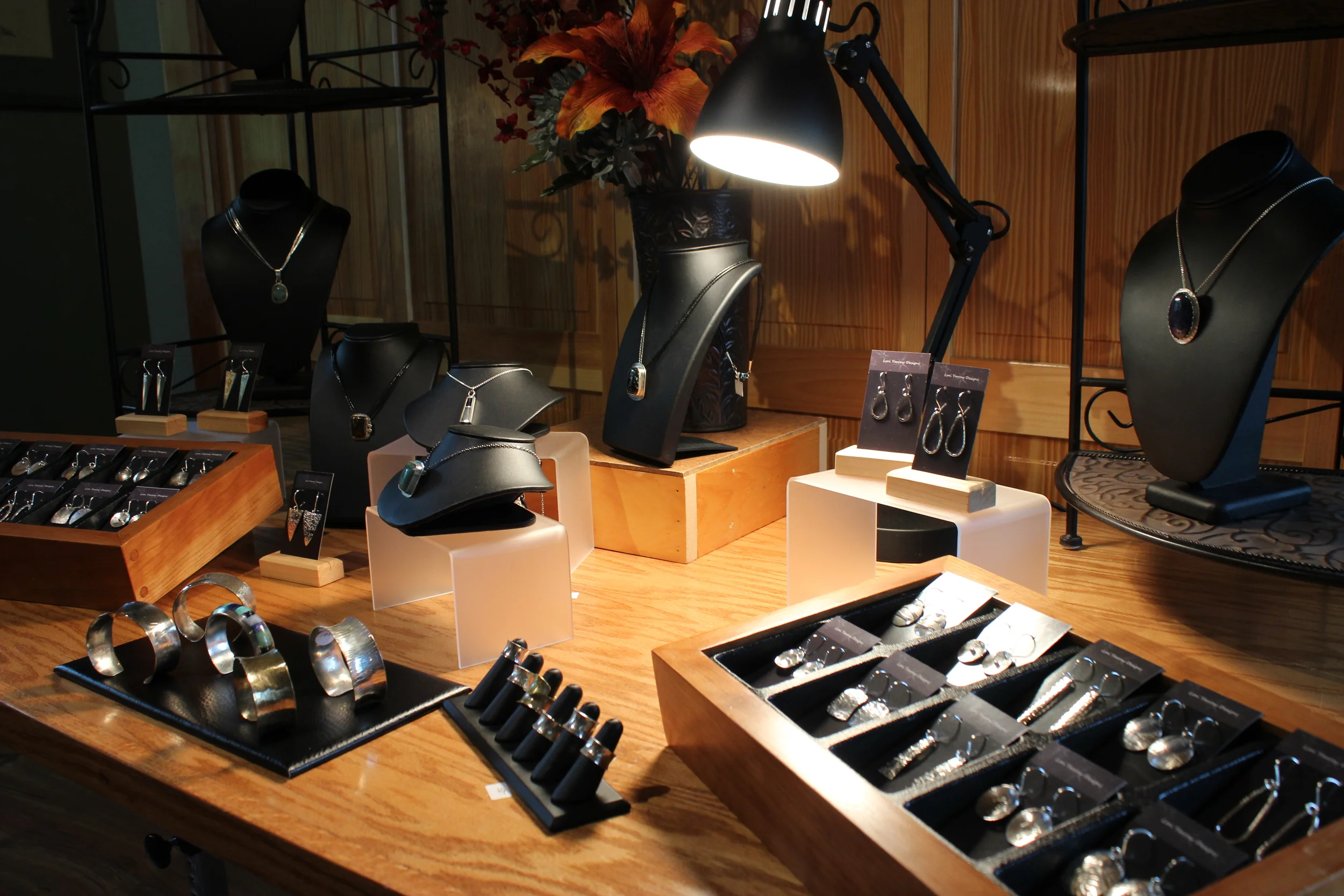 My next visit was to Lori Yarrow Designs . A contemporary jeweler who works with silver, copper, brass and semi-precious stones. AMAZING! Her studio space was very inspirational, as was she. Lori began beading much like I did and now does amazing channel inlays, stone setting, and metal work. LOVE LOVE LOVE!