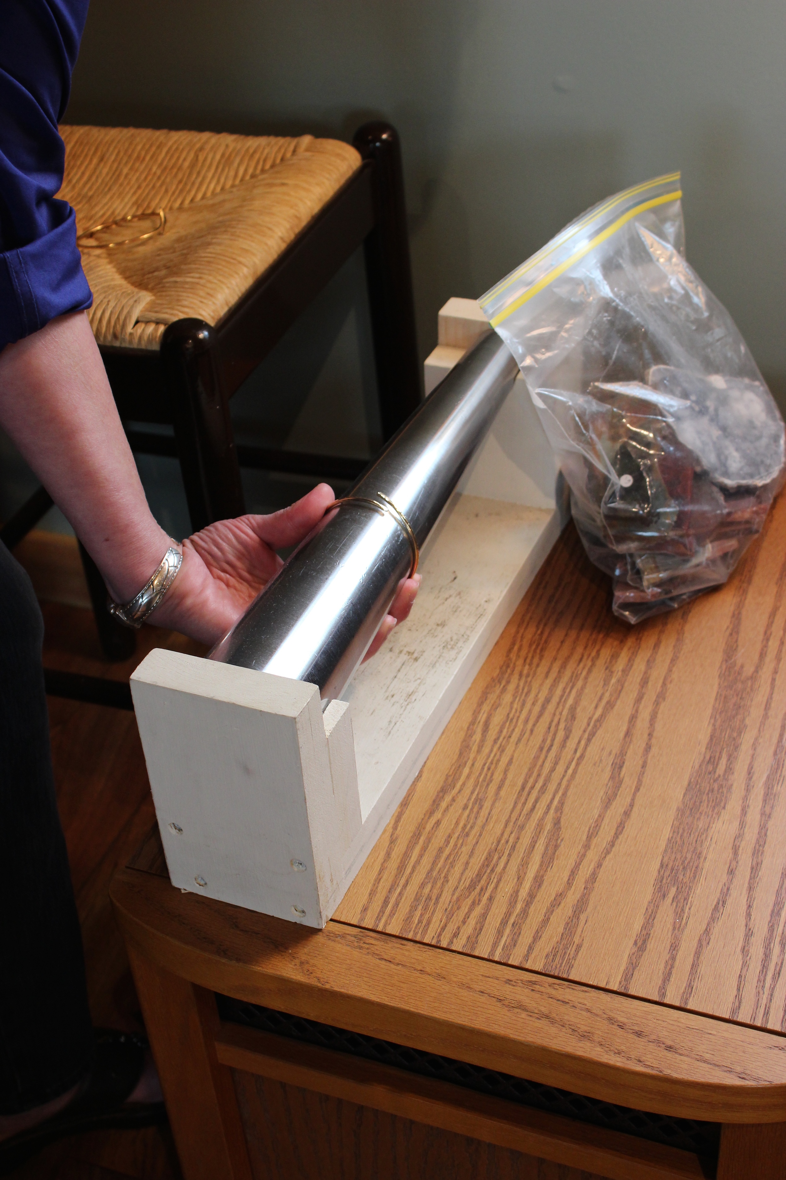 Now THAT is a mandrel! Lori hammering the beautiful cuff that I purchased. 