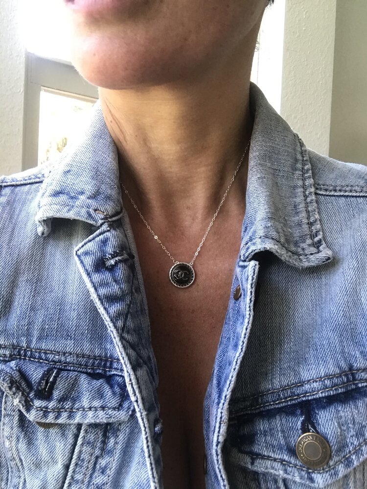 Gunmetal Chanel Button Necklace — Blue Blood Metal
