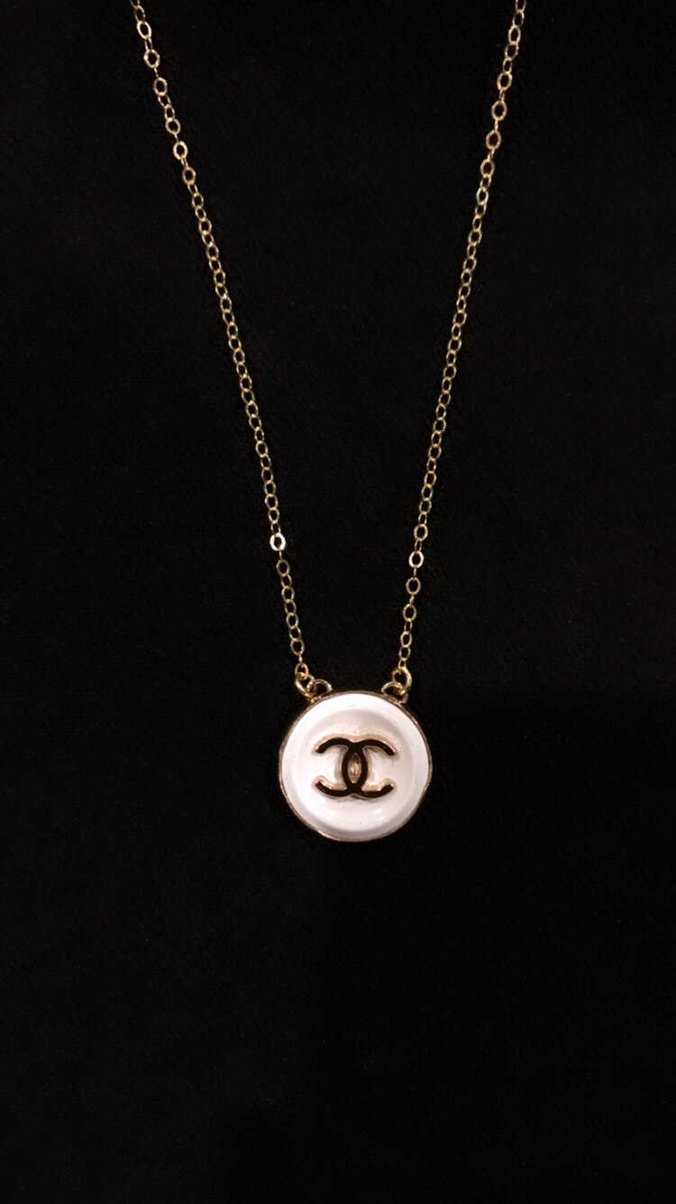 Simple White & Pink Chanel with Gold Logo Button Necklace — Blue Blood  Metal | Vintage Rings & Necklaces