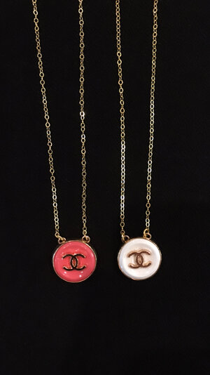 Simple White & Pink Chanel with Gold Logo Button Necklace — Blue Blood  Metal | Vintage Rings & Necklaces