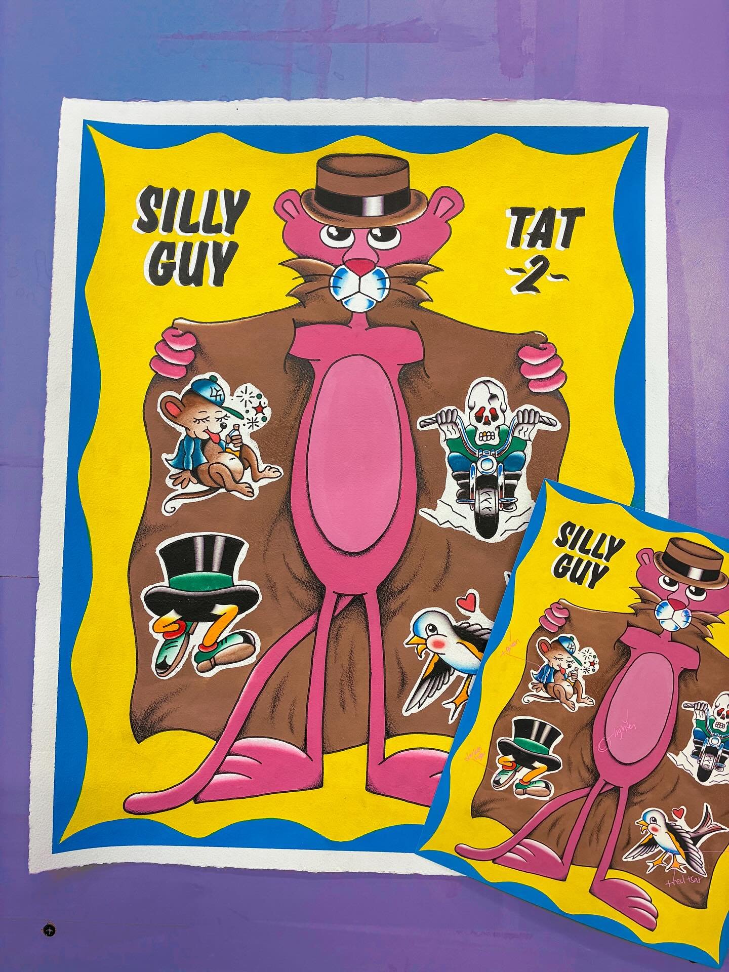 Currently capturing this silly guy flash piece for @sillyguytat2 🌈🥸

A few rounds of proofing, lotsa tiny tweaks, and like magic &mdash; your art is looking it&rsquo;s best on archival paper. 

From galleries to First Friday&rsquo;s, art shows to s