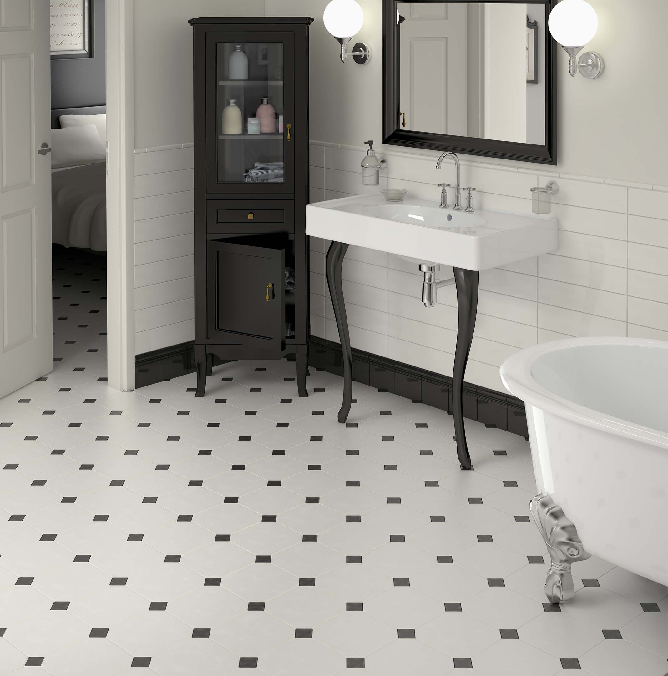 White octagonal floor tiles with black 'dot' inserts