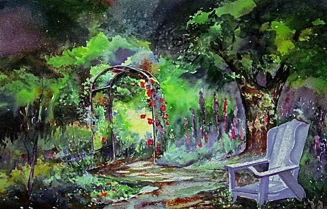 Blue Chair Near Lupine Garden - 18 x 26 watercolor