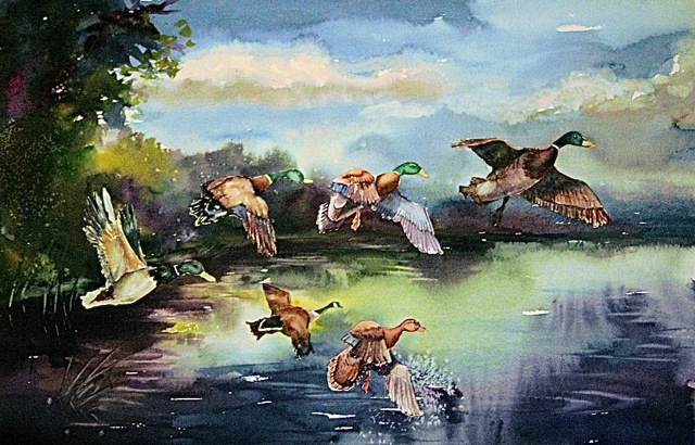        Six Ducks a Flying - 18 x 26 watercolor   