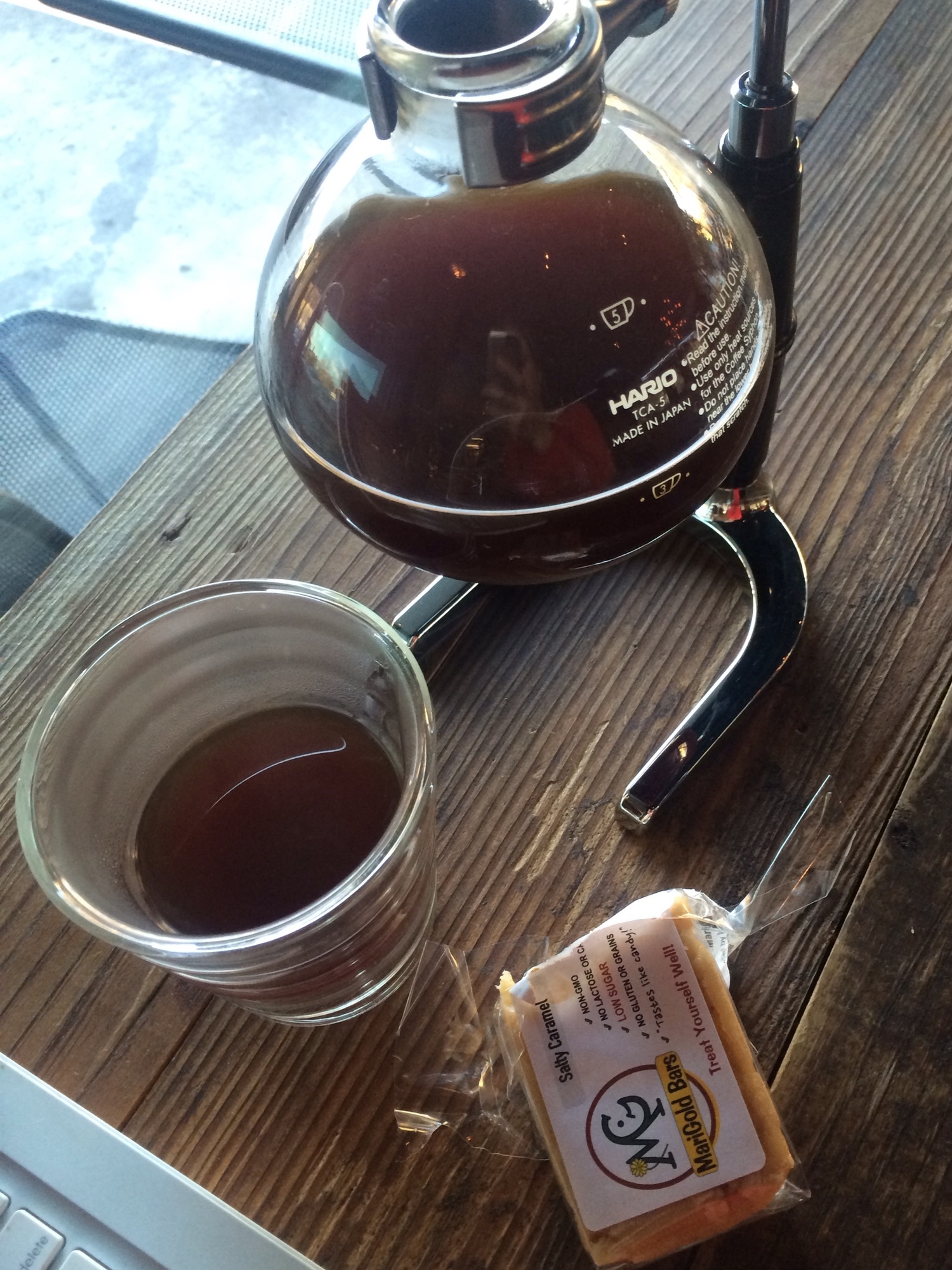 My Siphon coffee paired perfectly with my favorite bar "Salted Caramel". 
