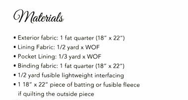  ALSO :* Three (3)- 14" zippers * One(1) 18" zipper I f you have a walking foot, bring it. A walking foot is very helpful when putting the zippers in. If you don't have a walking foot for your machine , be sure to bring a zipper foot (most machines come with a zipper foot). You will also need thread to piece the bag and then thread to match the inside of the bag as we will be top stitching the zippers.