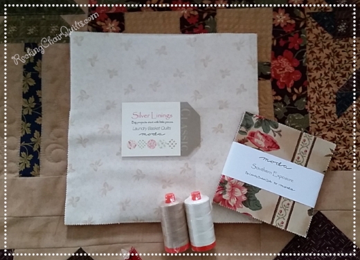 Laundry Basket Loot - This bundle has a Silver Linings Layer Cake & a Southern Exposure Charm Pack - Both from Laundry Basket Quilts for Moda and TWO big spools of Aurifil thread in colors to match these fabrics. Oh my , that is a nice prize bundle.
