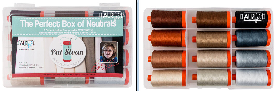 Pat Sloan's-The Perfect Box Of Neutrals-12 BIG SPOOLS of MAKO Cotton 50Wt thread. MSRP $130.00 USD Colors: 2390 - 2692 - 2312 - 2340 - 2370 - 2372 - 2360 - 2600 - 5021 - 5011 - 2610 - 1158
