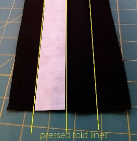 1. Fold black handle pieces in half lengthwise and press. Open and fold edges in to middle. Refold and press. Open handle fabric back out and Place cut strip of Décor Bond with one edge along center pressed line in fabric. Press Décor Bond in place,