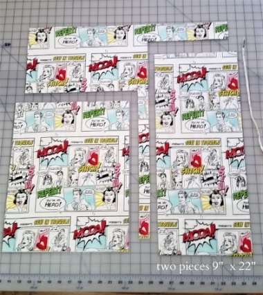 cut out bag front and back, then cut 2 pieces 9" x 22" to make sides/bottom panel of your tote, as shown.