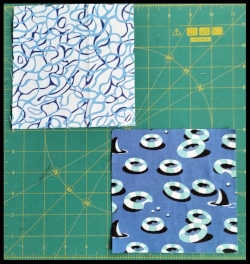 Take one background square and one blue block square . Place squares RST (notice how my blue block fabric has a directional print)