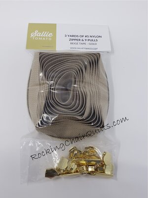 Sallie Tomato - Beige #5 Nylon Gold Coil Zippers: 3 Yards with 9 Pulls