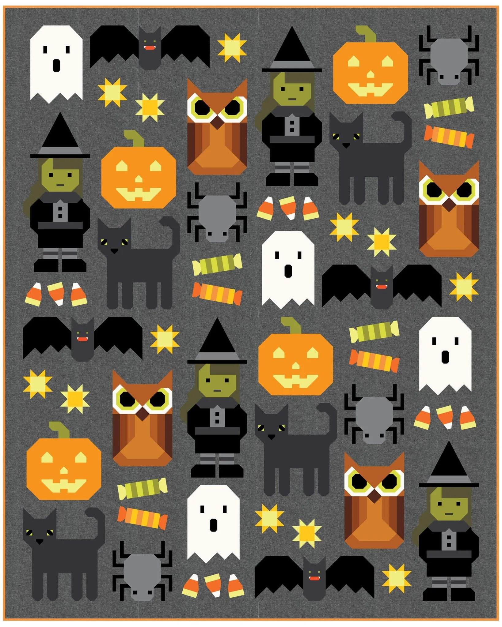 It's the Happy Halloween Pattern From Elizabeth Hartman!
Choose solids or use what you have in your scrap box. Celebrate Spooky Season with a sampler quilt featuring Ghost, Bat, Cat, Witch, Star, Pumpkin, Owl, Spider, Candy Corn, and Candy Roll block