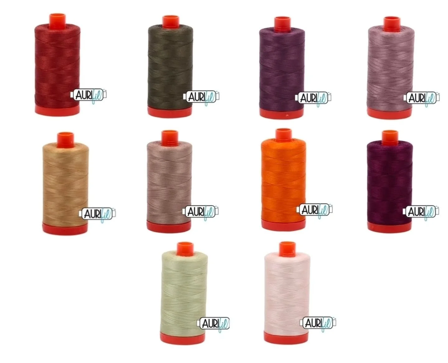 Create your own fall Aurifil thread palette for your Autumn quilting fantasies, or follow our lead and choose from colors like Copper 2350. Army Green 2905, Plum 4030, Tiramisu 6731, Light Brass 2920, Linen 2325, Burnt Orange 1133, Mulberry 2568, Lig