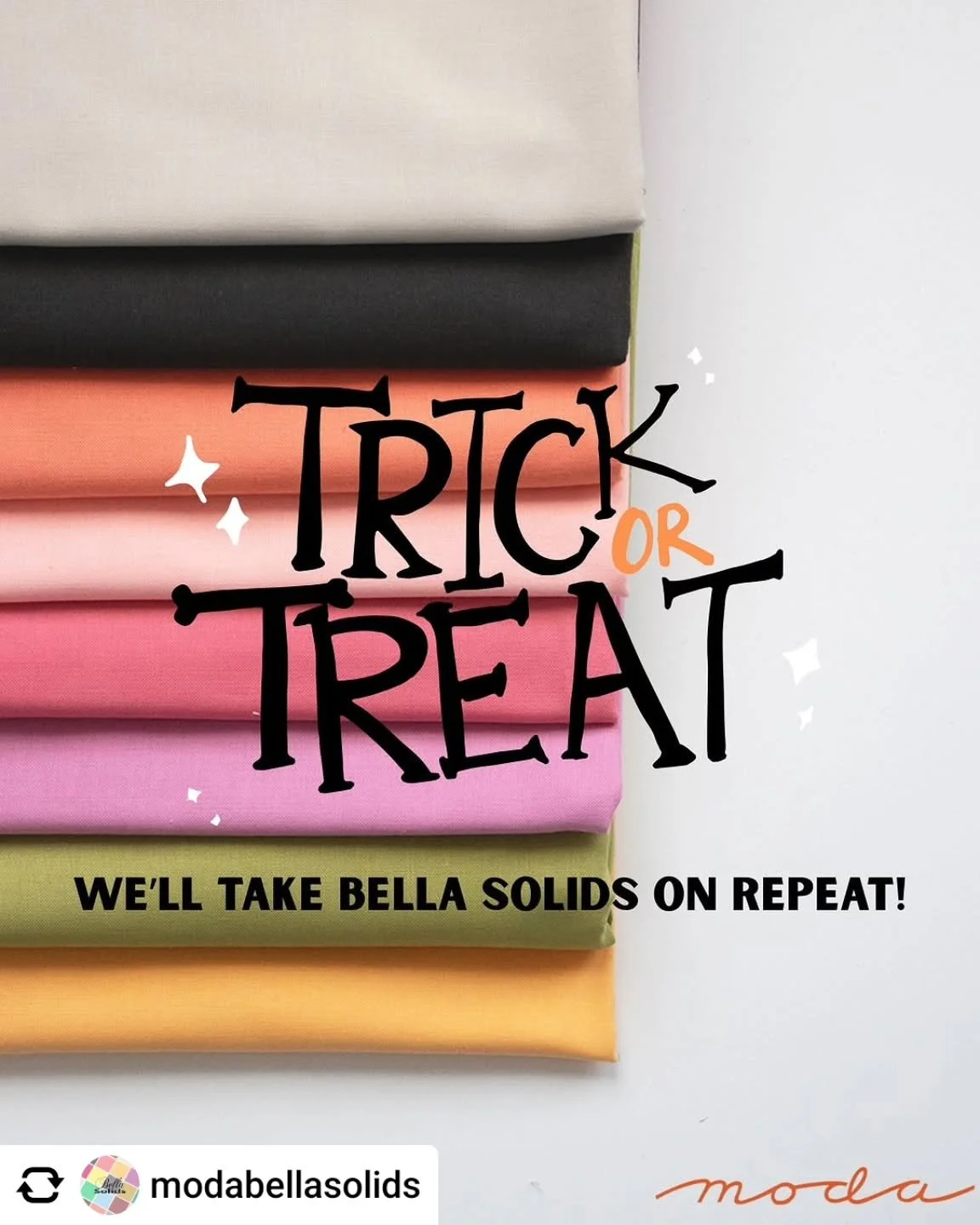 So pretty! 
Shared with @reshare_app &bull;
From @modabellasolids Trick or treat your stash to some color magic!
These are the matching Bella Solids for @lellaboutique&rsquo;s Hey Boo collection &mdash; a Halloween favorite we&rsquo;ll never ghost. 
