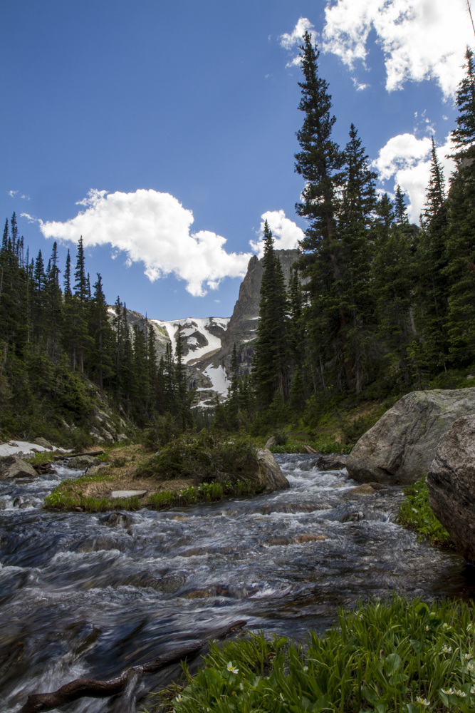 The outlet of Odessa Lake in Rocky Mountain National Park, looking west toward the lake and the Continental Divide.