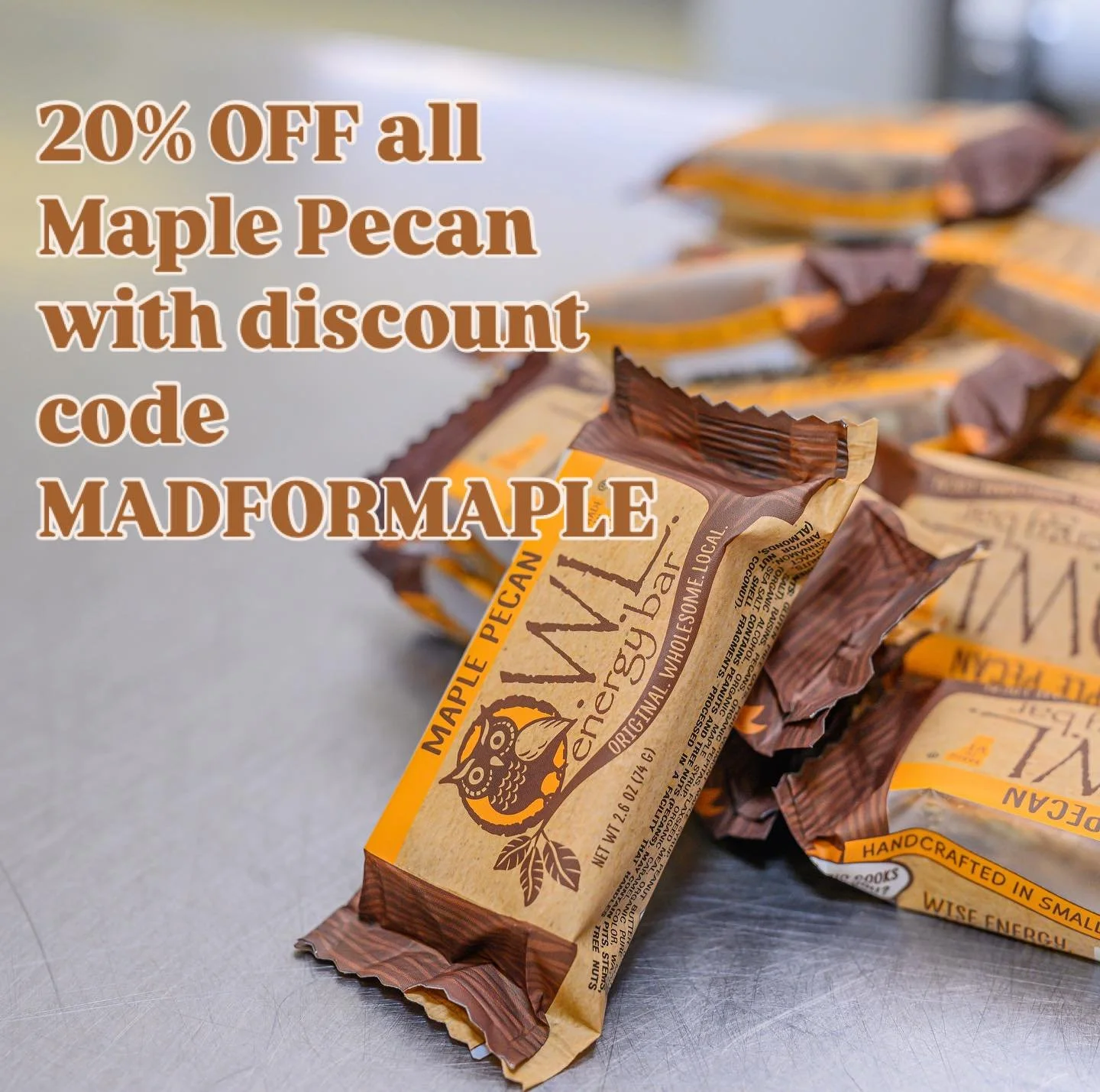 To celebrate the change of season in New England we are offering 20% off all Maple Pecan OWL Bars and OWL Pellet pouches with discount code MADFORMAPLE.
Online only. Valid until 09/30 at midnight. #maple #pecan #vegan #realmaplesyrup #madeinvermont #