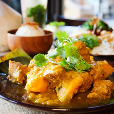 Pumpkin Pork Stew Tender pork stew slow cooked with kabocha squash and ginger.