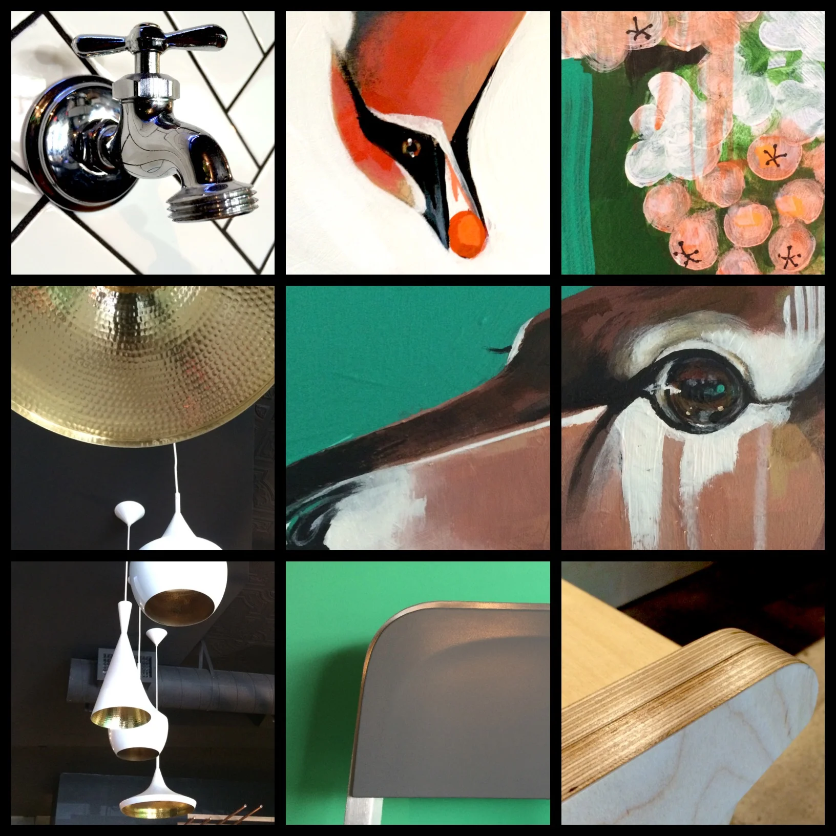 Nine panels depicting style details inside The Rowan, including pantings of forest animals and birds, industrial faucets, modern white light fixtures, and gold accents