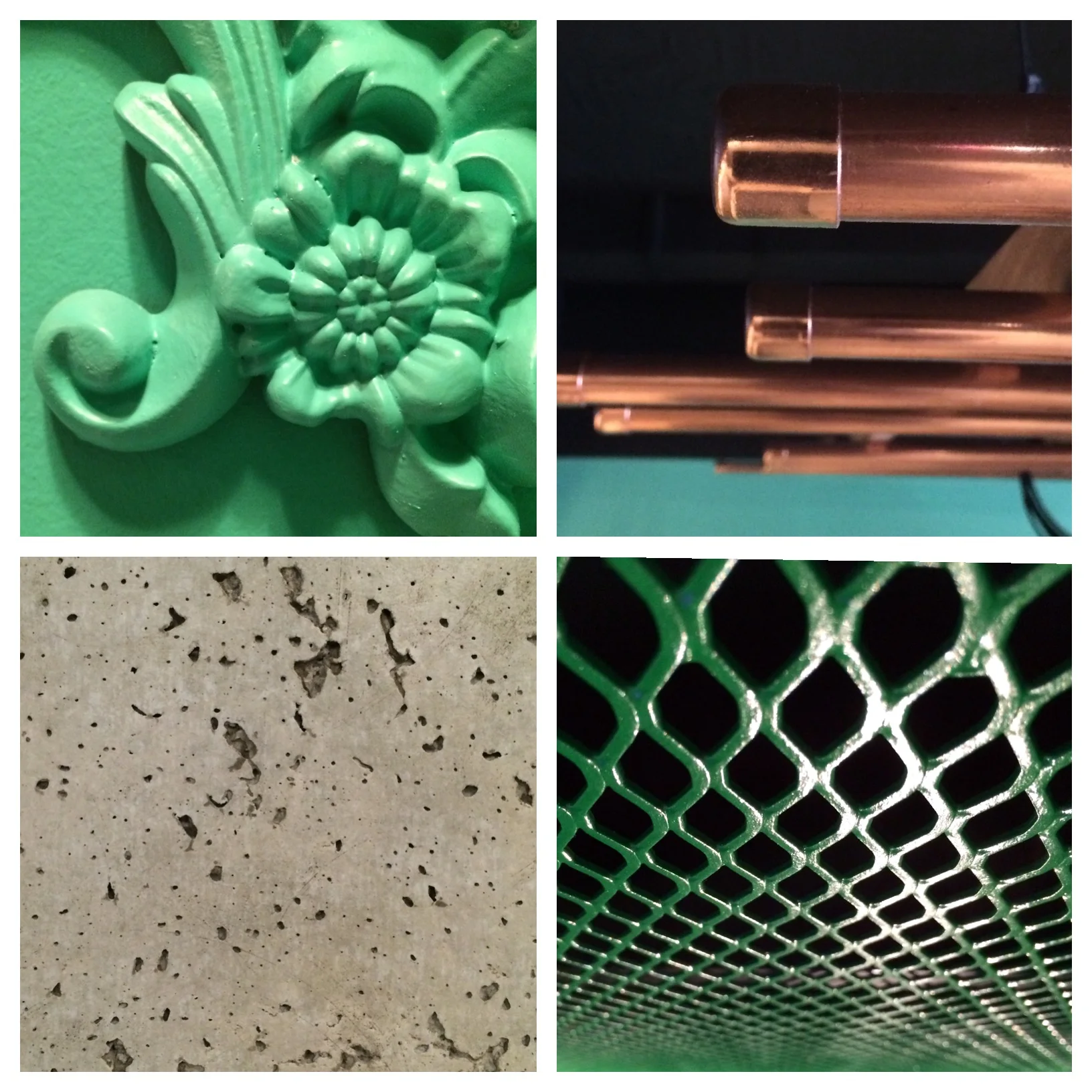 Four panels depicting style details inside The Rowan, including seafoam green embellishments, metal netting, and concrete and brass elements