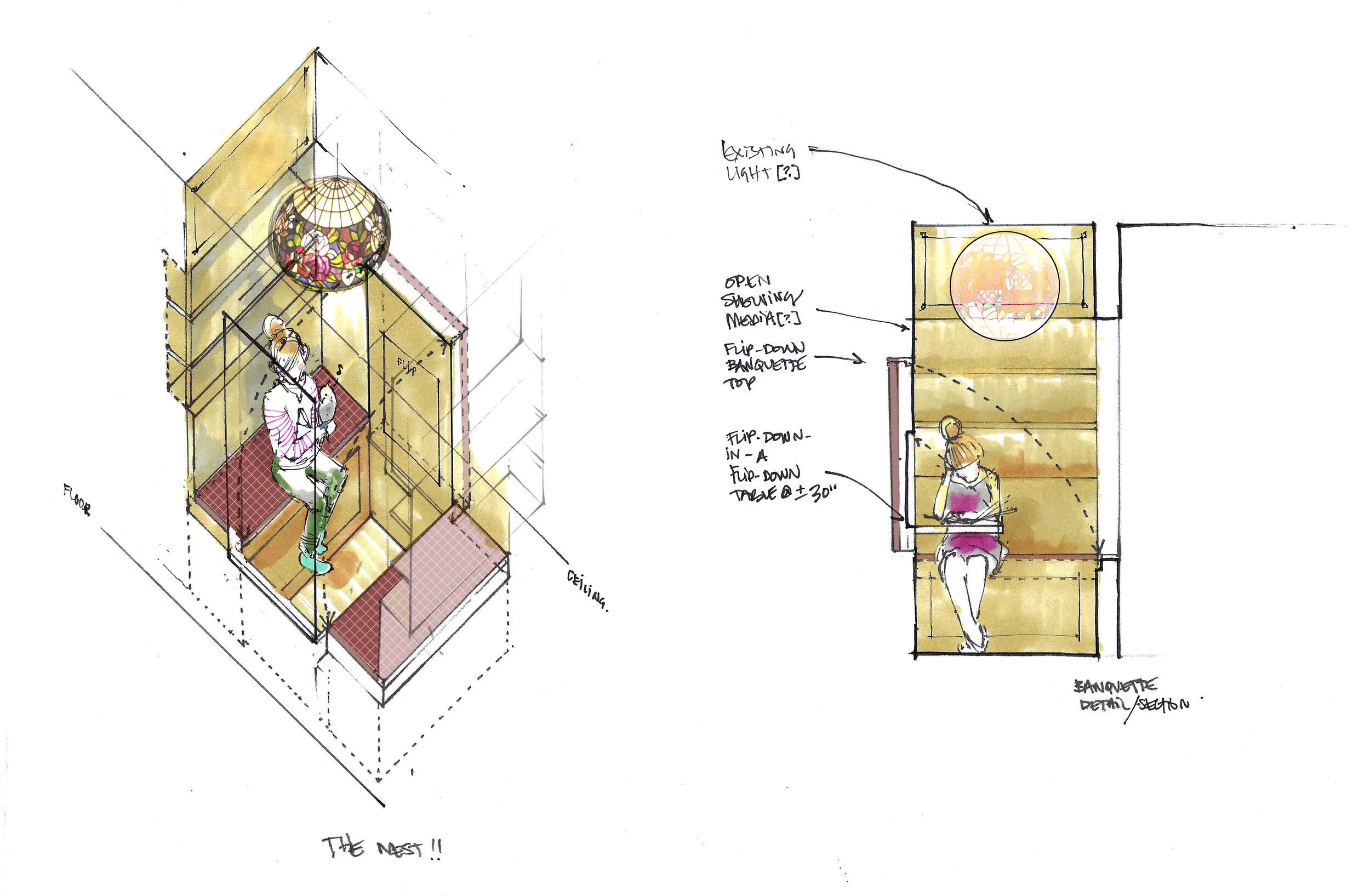 Sketch rendering of den living space of CORVUS HOUSE - RENOVATION - IN PROGRESS