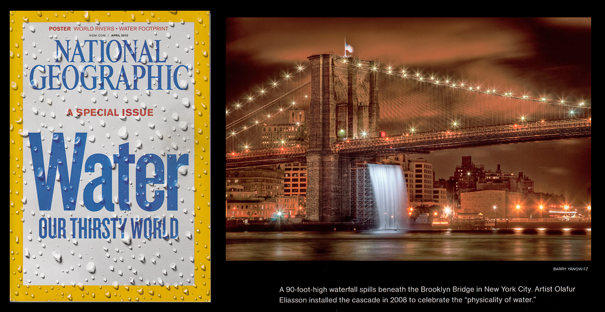 National Geographic . April 2010. Two page spread of Olafur Eliasson's waterfall art installation at night.