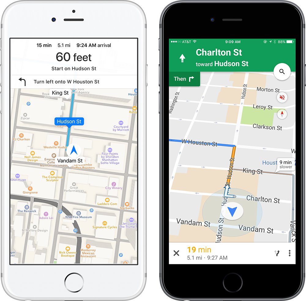I found Apple Maps (left) harder to read at a distance than Google Maps (right)