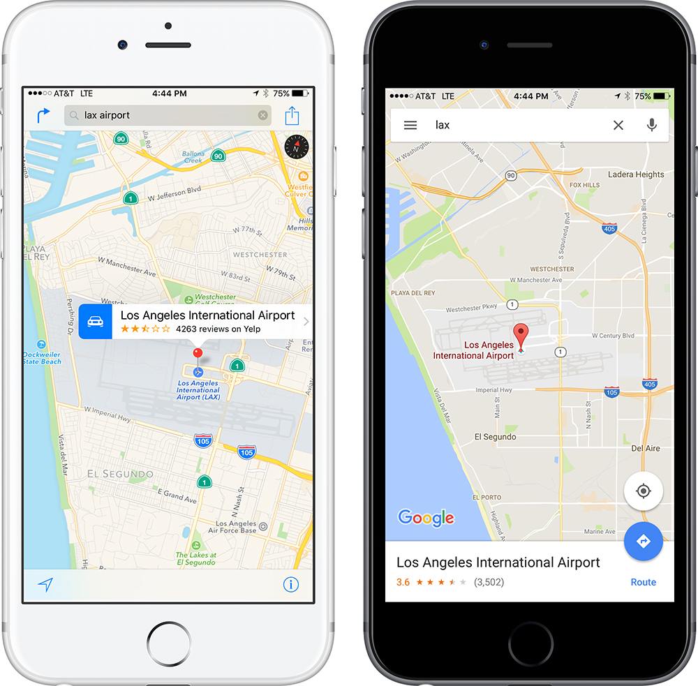 Apple Maps (left) hides directions under the curved arrow by the search field. Google Maps uses an obvious FAB in the lower right, with a helpful label.