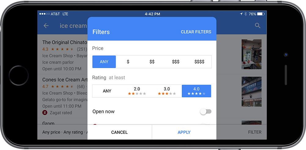 Google Maps has handy filters, but hides the map when in list view.