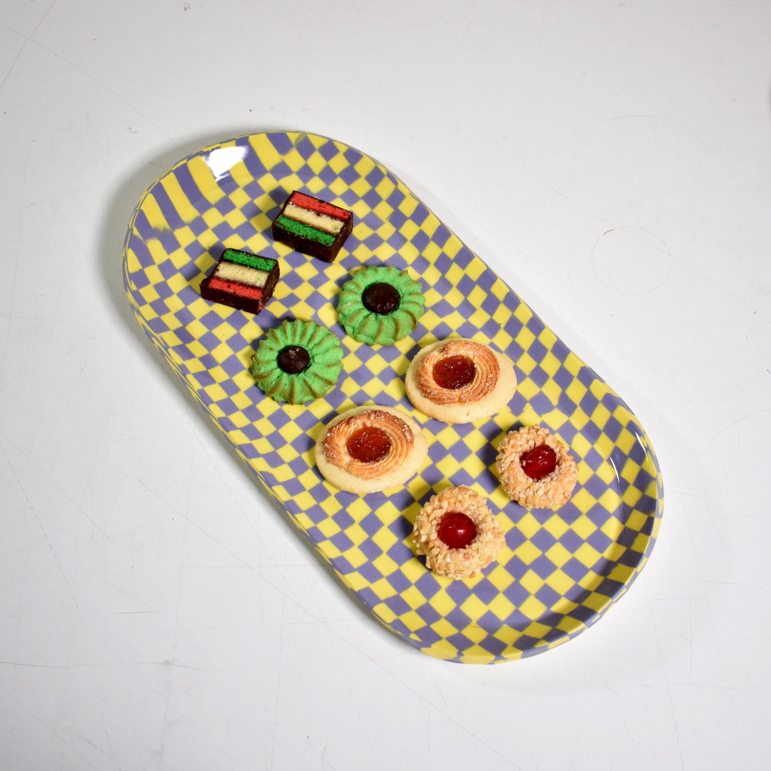 Large Checkered Platter Lavender and Yellow