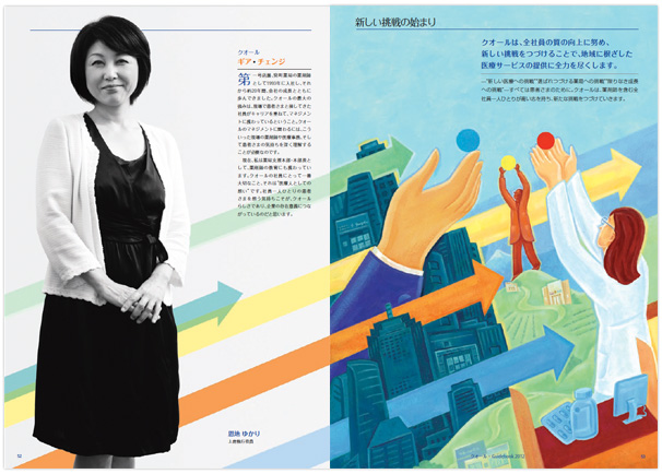 Spread from Annual Report with illustration incorporating elements of company logo. Client: QOL Co., Japan.