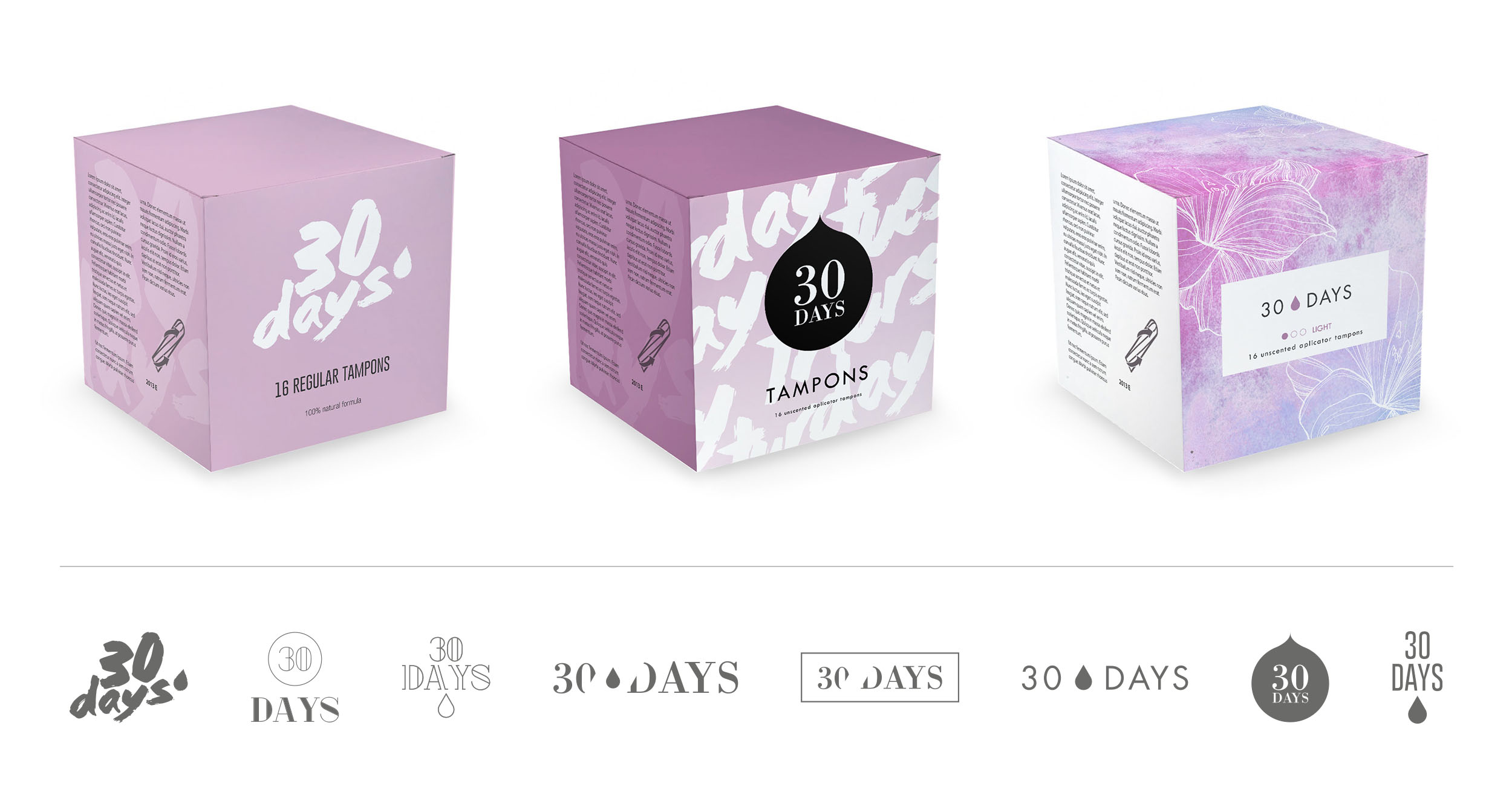 Example of branding and packaging design for tampons. The idea was to fight stigma or potential embarrassment when buying tampons by creating stylish packaging. 
