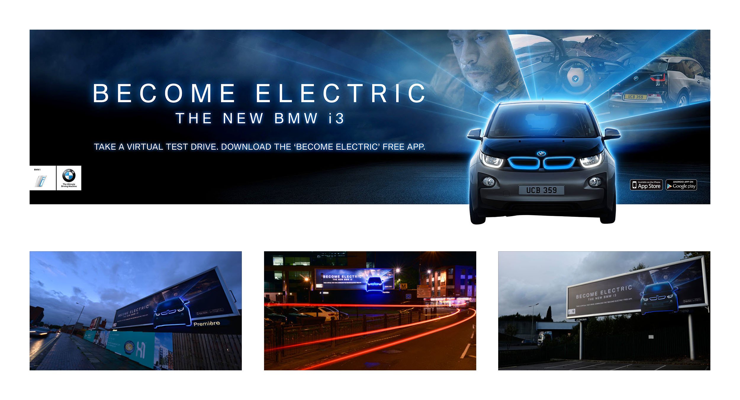 These special build billboards are a part of a larger £1m campaign running on across roadside, rail and underground sites in the UK. They incorporate 'Halo' lighting into customised billboard special builds to create an after-dark glow effect around 2D cut-outs of the i3. Key parts of the car are separately illuminated to highlight the models hi-tech eco-friendly features and electric inner workings, while a cutting-edge printing technique accentuates the contrast with the backlit skin.
