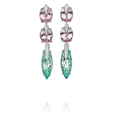 one of a kind Kunzite, Green Beryl and Diamond Earrings