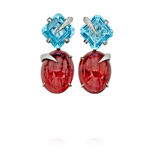 one of a kind Aquamarine and Rubellite Earrings