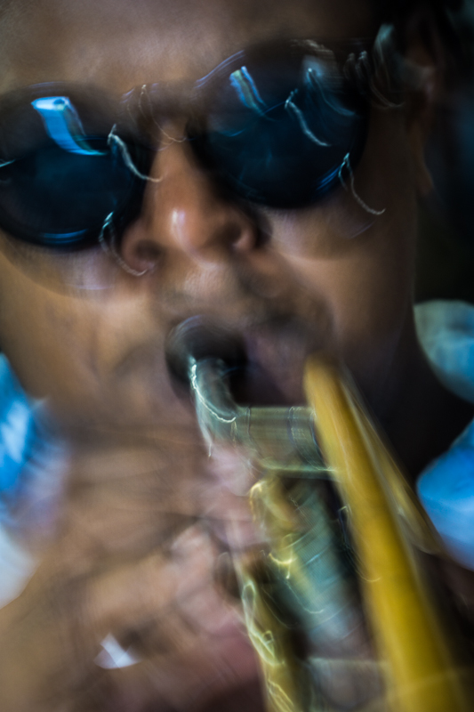 Clinton Patterson on trumpet during the BH session at Bucket's Moving Company. Credit Eron Rauch.