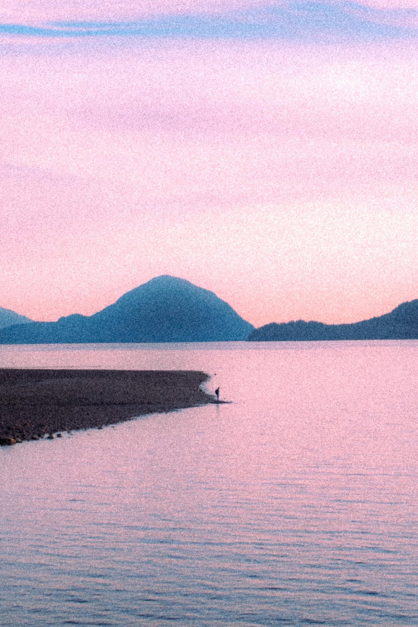Solitary figure on tidal flats near Squamish BC mountains — atmospheric photo by Tom L A Jones