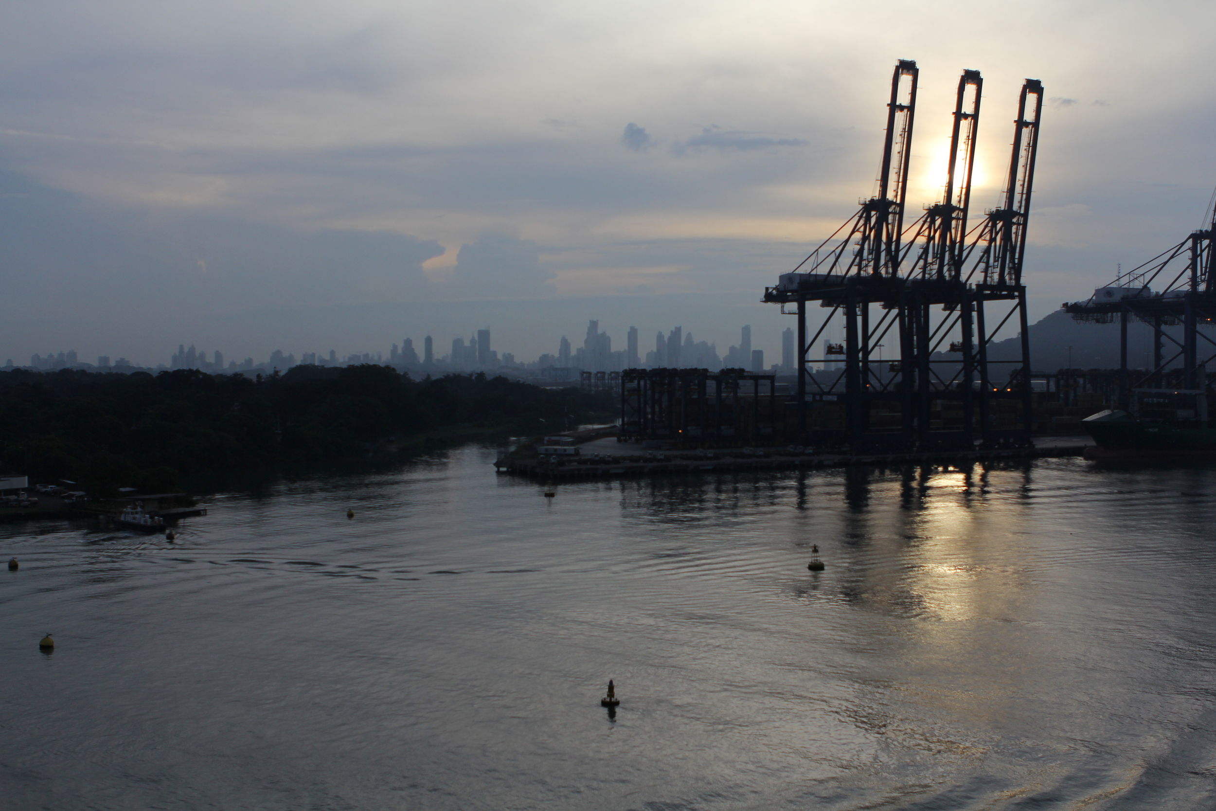 Sunrise over the cranes at the cargo piers..