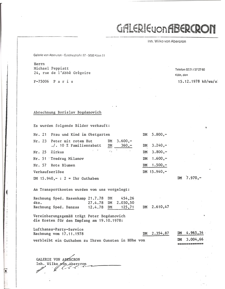 Galerie von Abercron Bill of Sale for 5 paintings from retrospective exhibition 1978