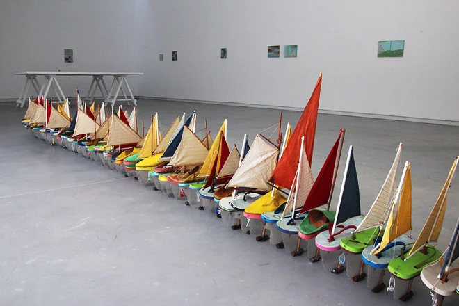 Francis Alys, Don’t Cross the Bridge Before You Get to the River. 2008. Videos, paintings, drawings, sculpture and photographic installation. In collaboration with Julien Devaux, Rafael Ortega, Felix Blume, Ivan Bocara, Jimena Blasquez, Roberto Rubalcava, Begoña Rey, Abbas Benhnin and the kids of Tarifa and Tangier. Courtesy the artist. Photo: Haupt & Binder. 