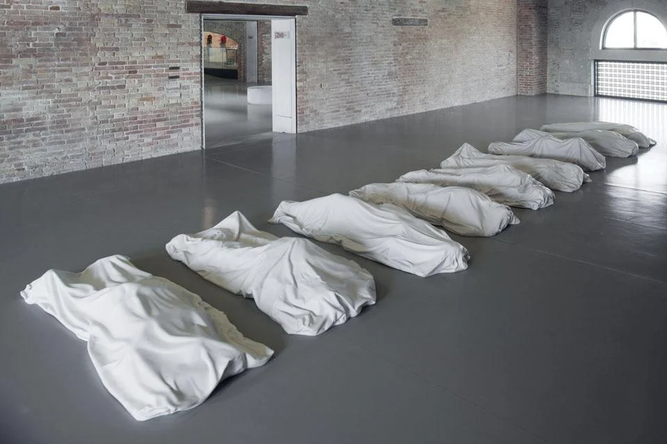 Maurizio Cattelan. All, 2008. 9 sculptures, white Carrara marble “P”. Install view at 'In Praise of Doubt' 2011. 