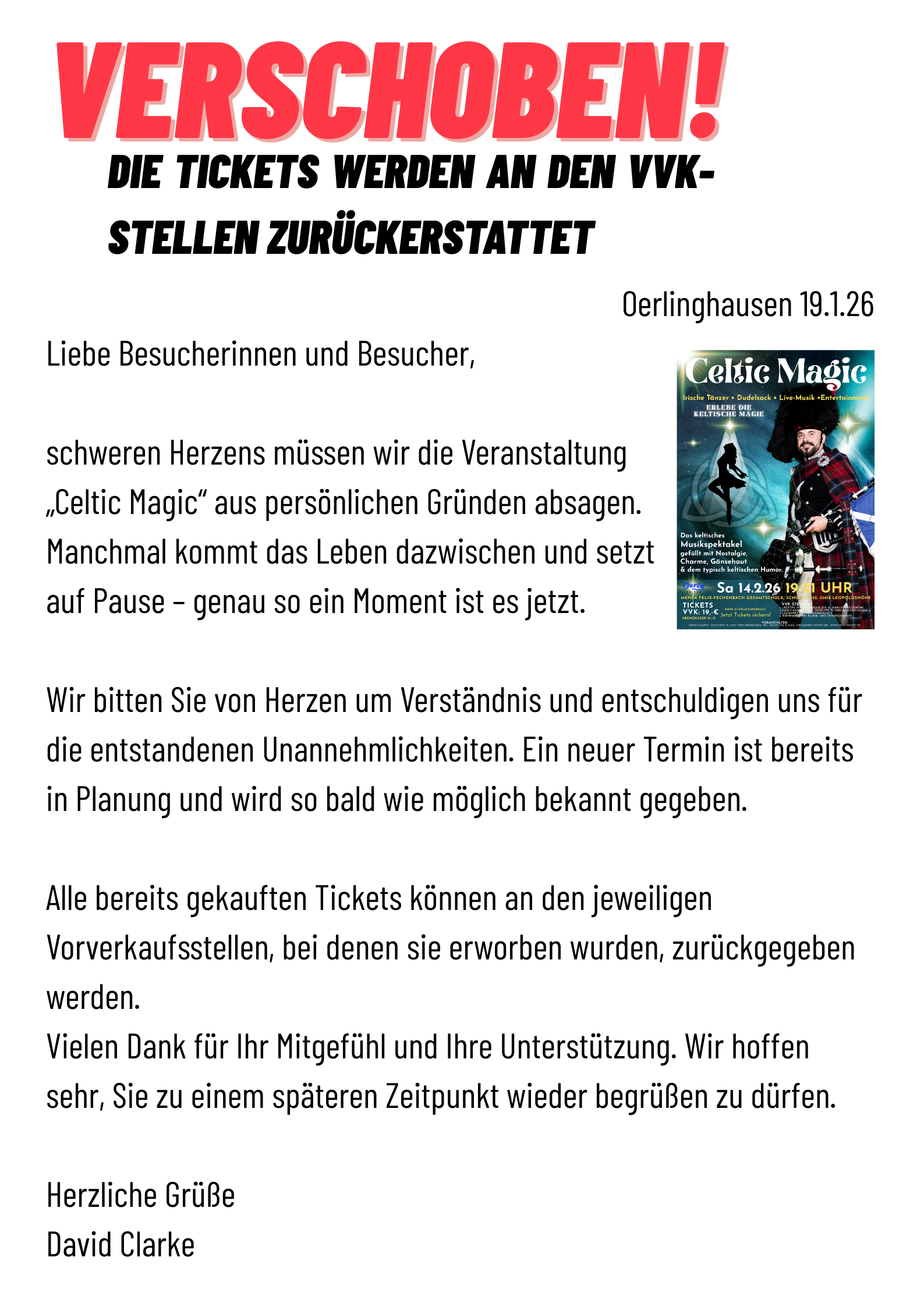 Celtic Magic- Verschoben-Ticketrückgabe an VVK Stellen