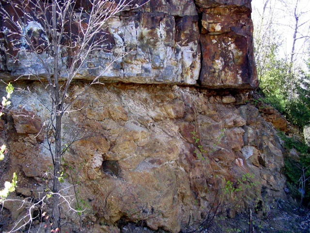 Unconformity between Nepean Formation quartz arenite and Precambrian granitic basement rocks. Roadcut, Parc du Lac Beauchamp, on west side of entrance road, at westward turn in the road, beside the lake. Photo by Q. Gall.