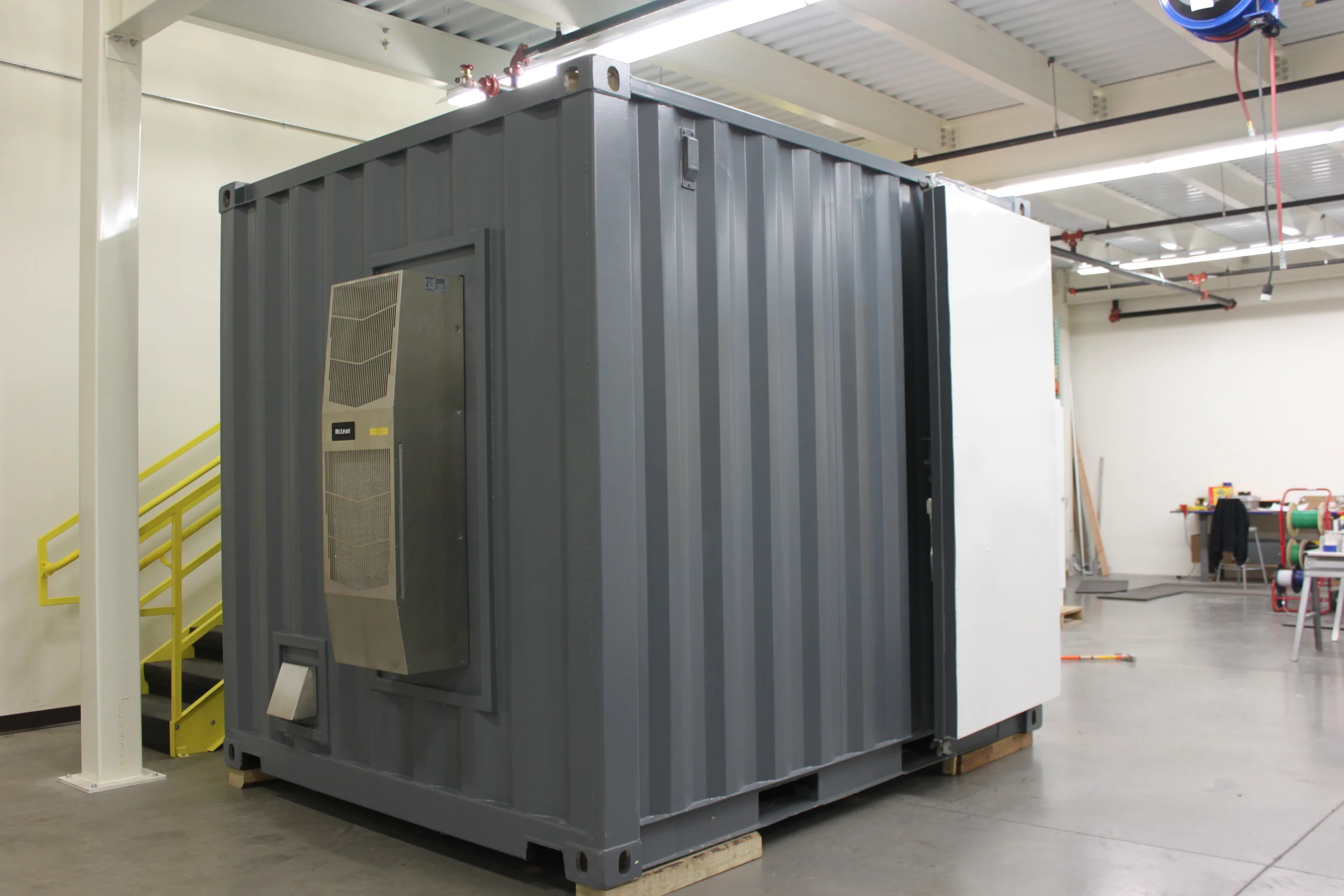 Containers won't get hot in the winter or cool in the summer unless you actually do something to change the temperature. Here is an HVAC unit on a specialty 10' container.