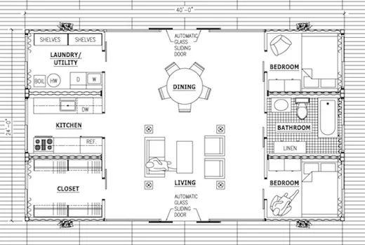Here is a floor plan from the linked article above . This house is designed by Adam Kalkin, an architect that uses containers in many of his projects.