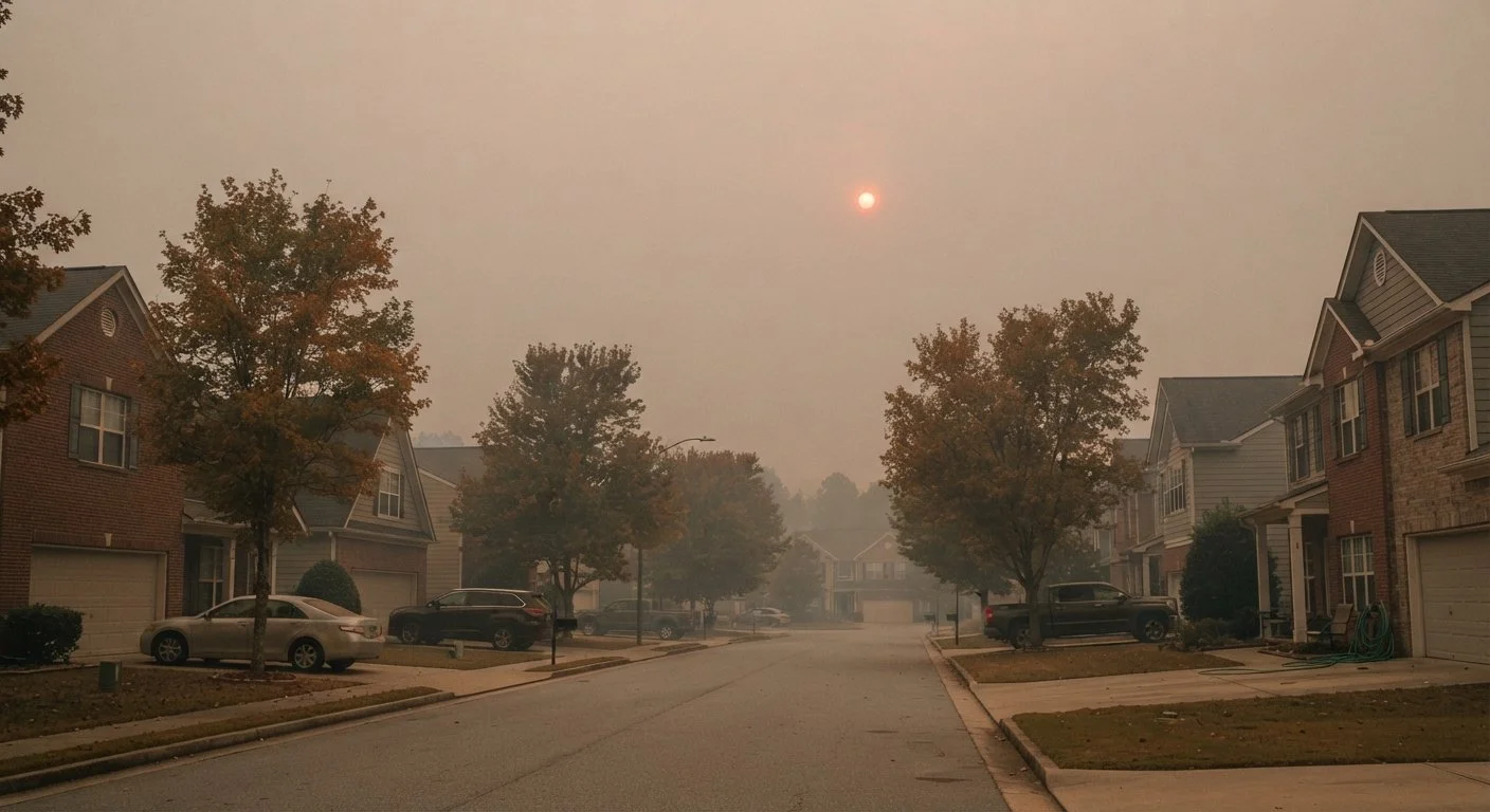 suburban street with sun nearly obscured by brown wildfire smoke