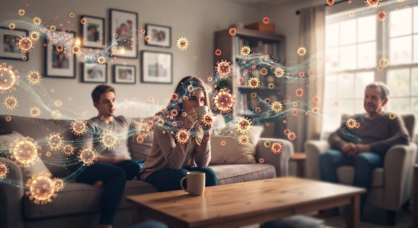 imaginary viruses floating in the living room air where a young couple (man and woman) sit with an older man.