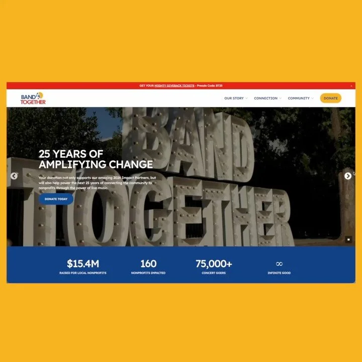 New website for @bandtogether_nc 🎸

Since 2001, they&rsquo;ve used the power of live music to raise over $15.4M for local nonprofits &mdash; bringing businesses, musicians, and the Triangle community together for a whole lot of good along the way.

