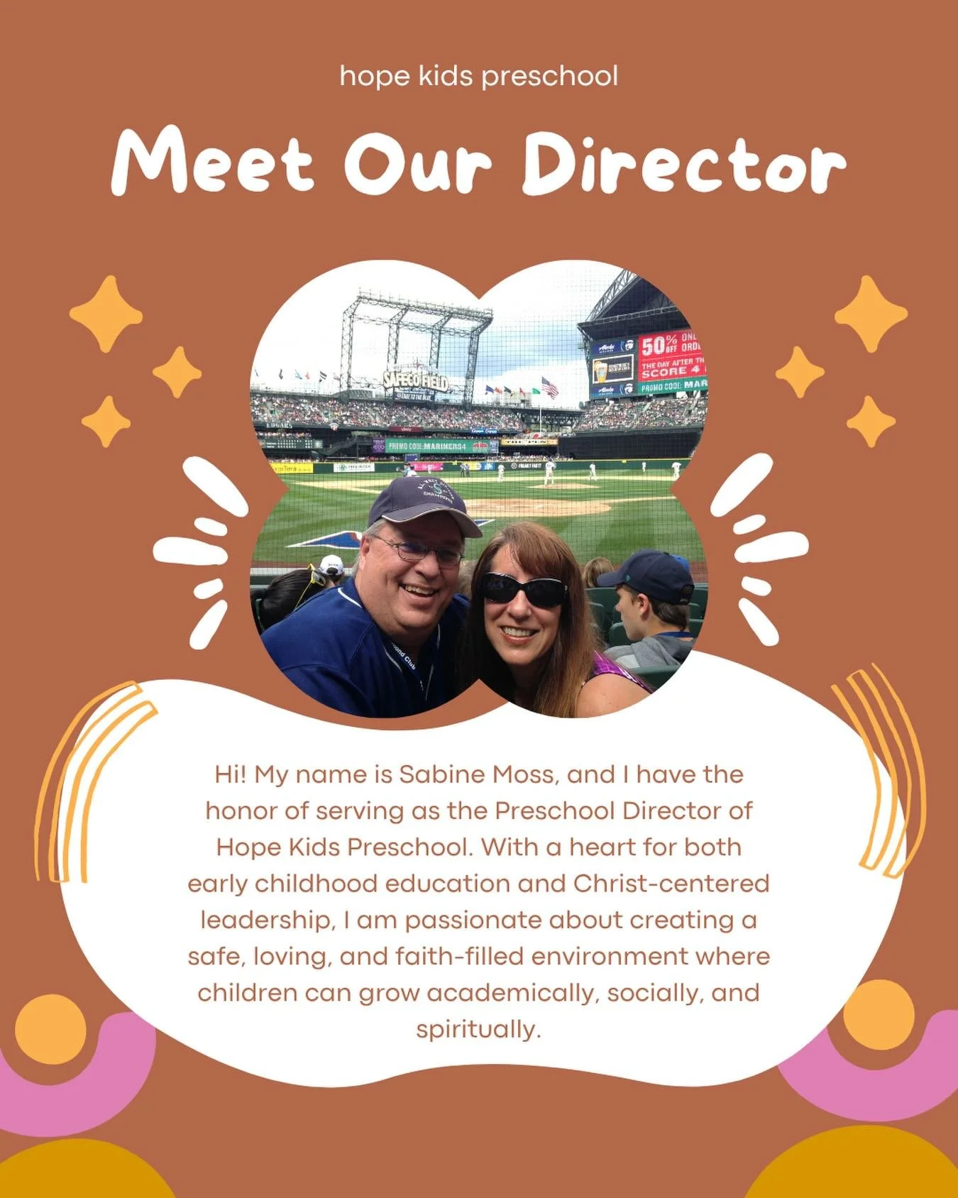 Hi!  My name is Sabine Moss, and I have the honor of serving as the Preschool Director of Hope Kids Preschool.  With a heart for both early childhood education and Christ-centered leadership, I am passionate about creating a safe, loving, and faith-f